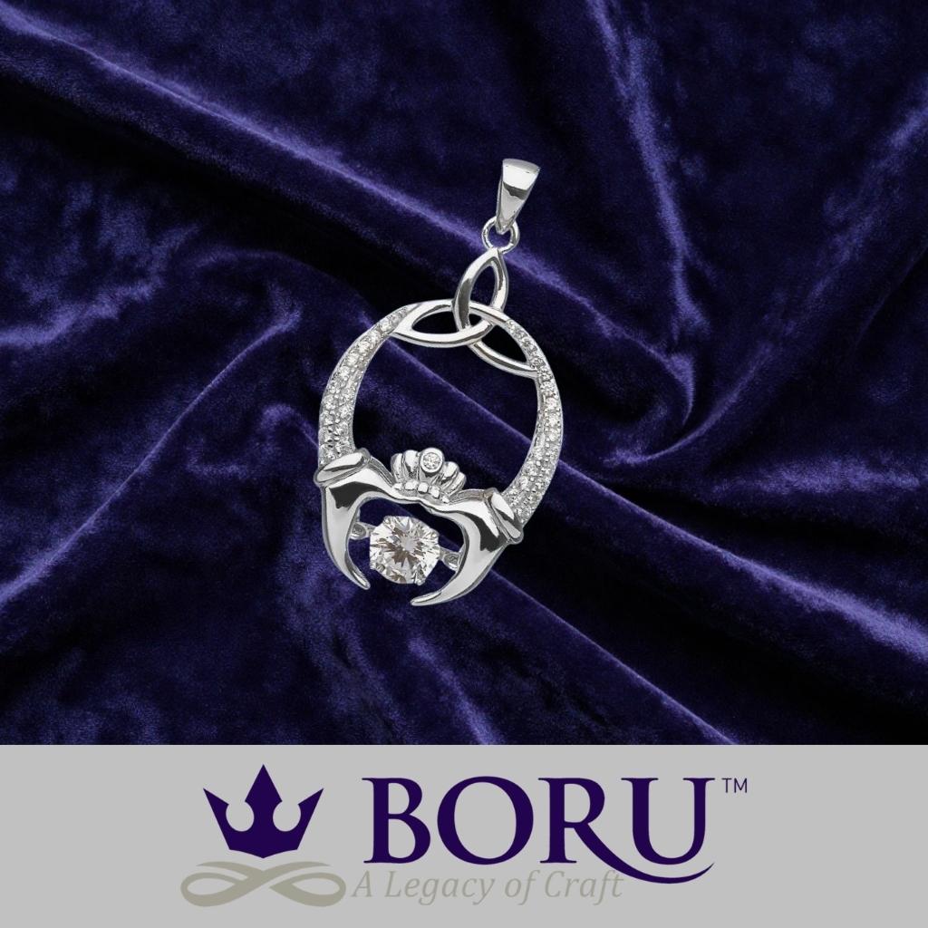 Sterling Silver Claddagh and Trinity Knot Dancing Stone Necklace