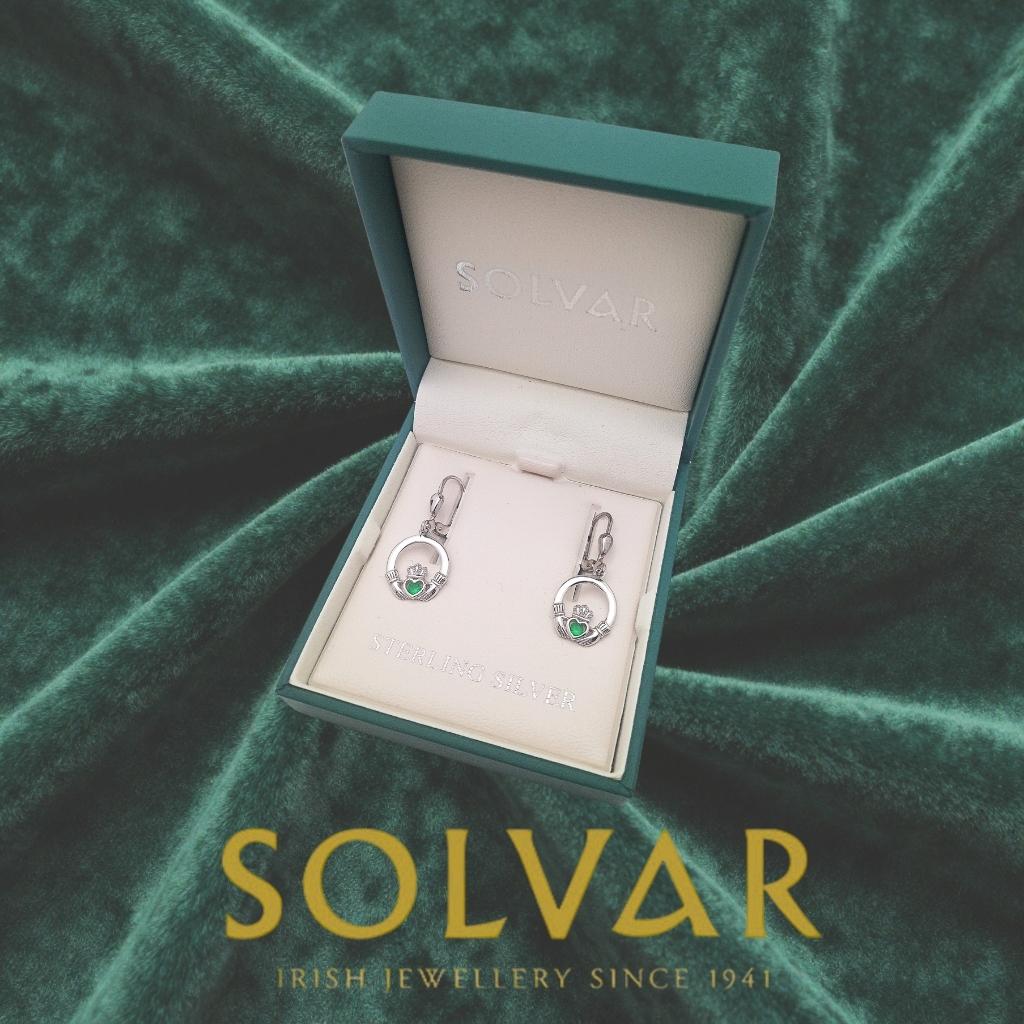 Sterling Silver Claddagh Drop Earrings with Green Stones