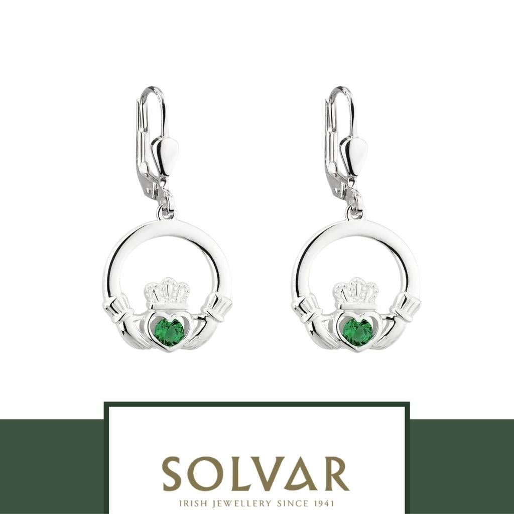 Sterling Silver Claddagh Drop Earrings with Green Stones