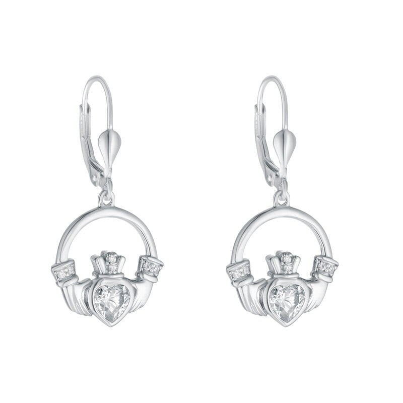 Sterling Silver Claddagh Drop Earrings with Large CZ Hearts - The Celtic Gift Store - Earrings