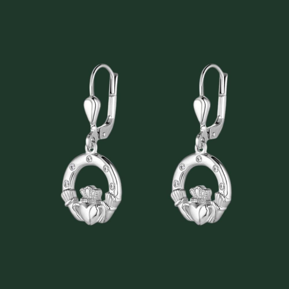Sterling Silver Claddagh Earrings With Flush Set CZ