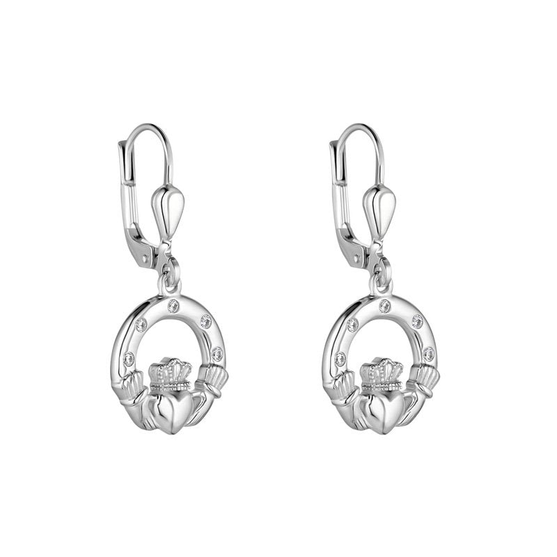 Sterling Silver Claddagh Earrings with Flush Set CZ - The Celtic Gift Store - Earrings
