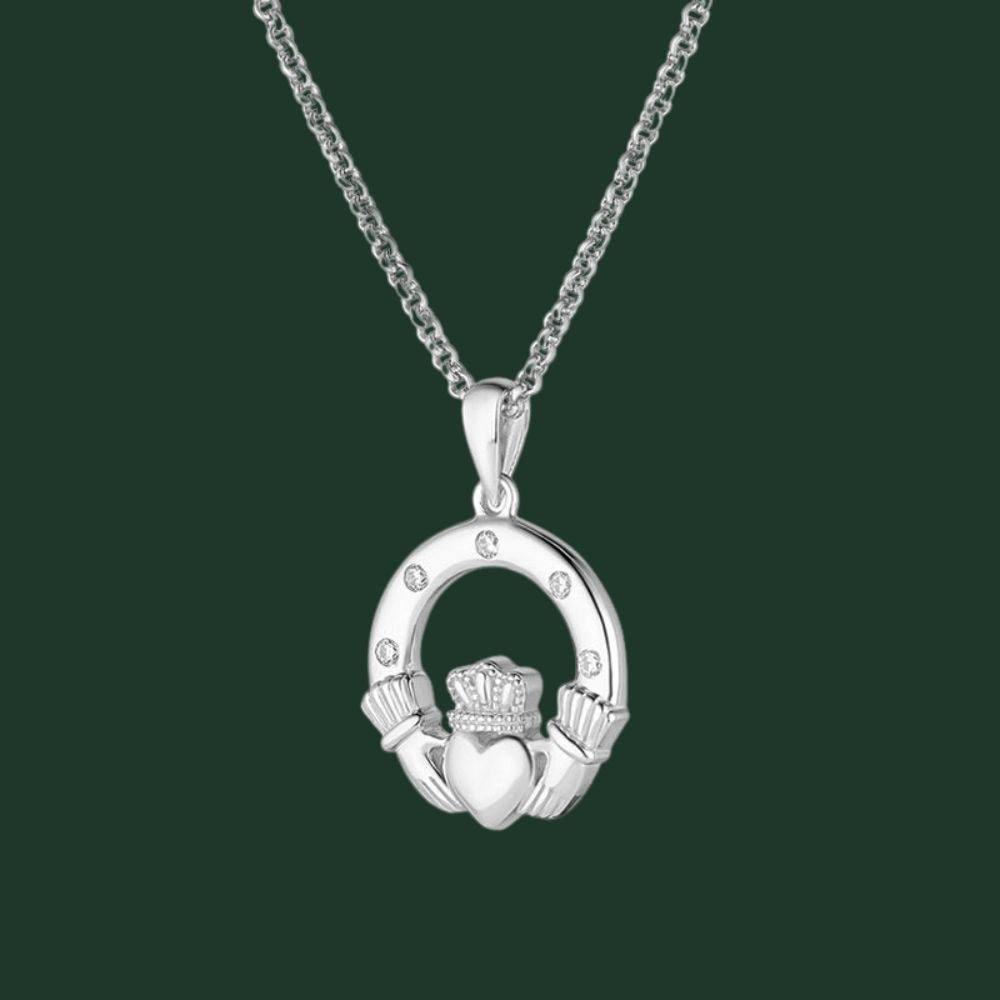 Sterling Silver Claddagh Necklace With Flush Set CZ
