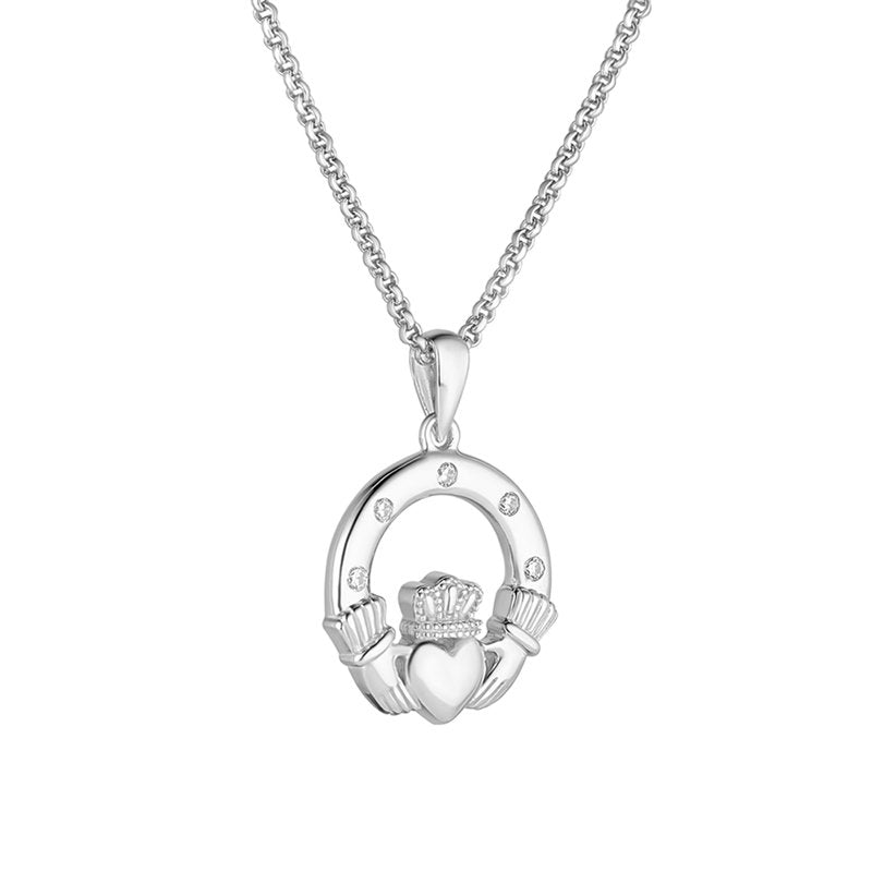 Sterling Silver Claddagh Necklace with Flush Set CZ - The Celtic Gift Store - Necklaces