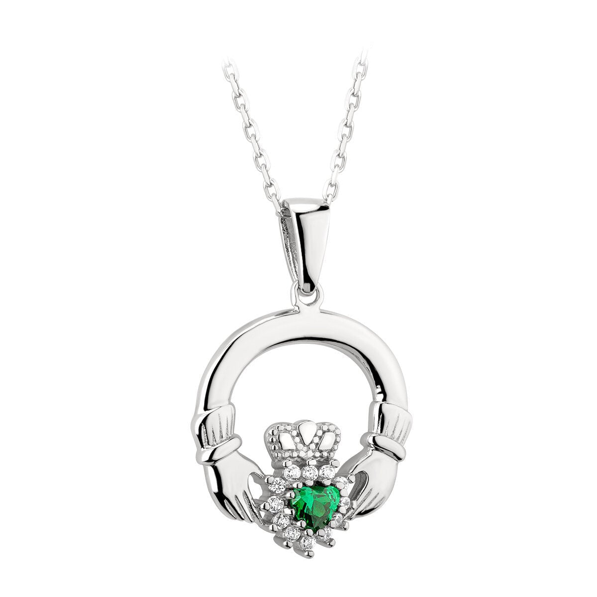 Sterling Silver Claddagh Necklace with Green Crystal Heart - The Celtic Gift Store - Necklaces