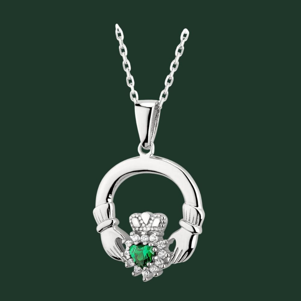 Sterling Silver Claddagh Necklace With Green Crystal Heart