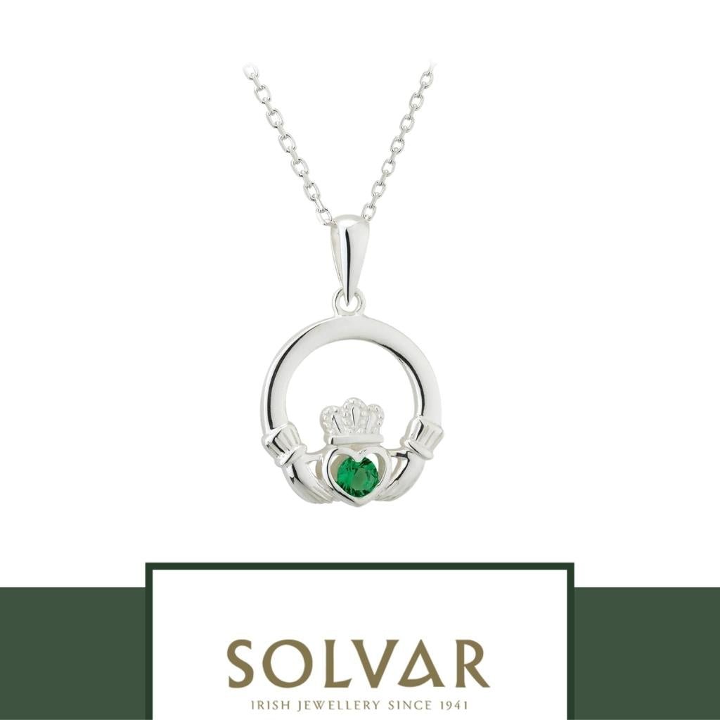 Sterling Silver Claddagh Necklace with Green Stone