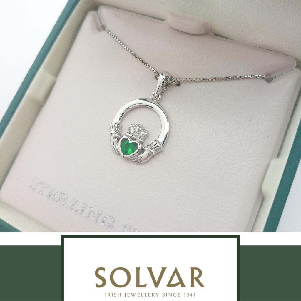 Sterling Silver Claddagh Necklace with Green Stone