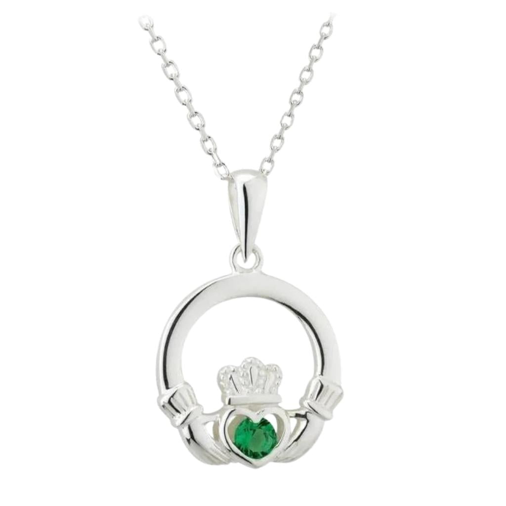 Sterling Silver Claddagh Necklace with Green Stone