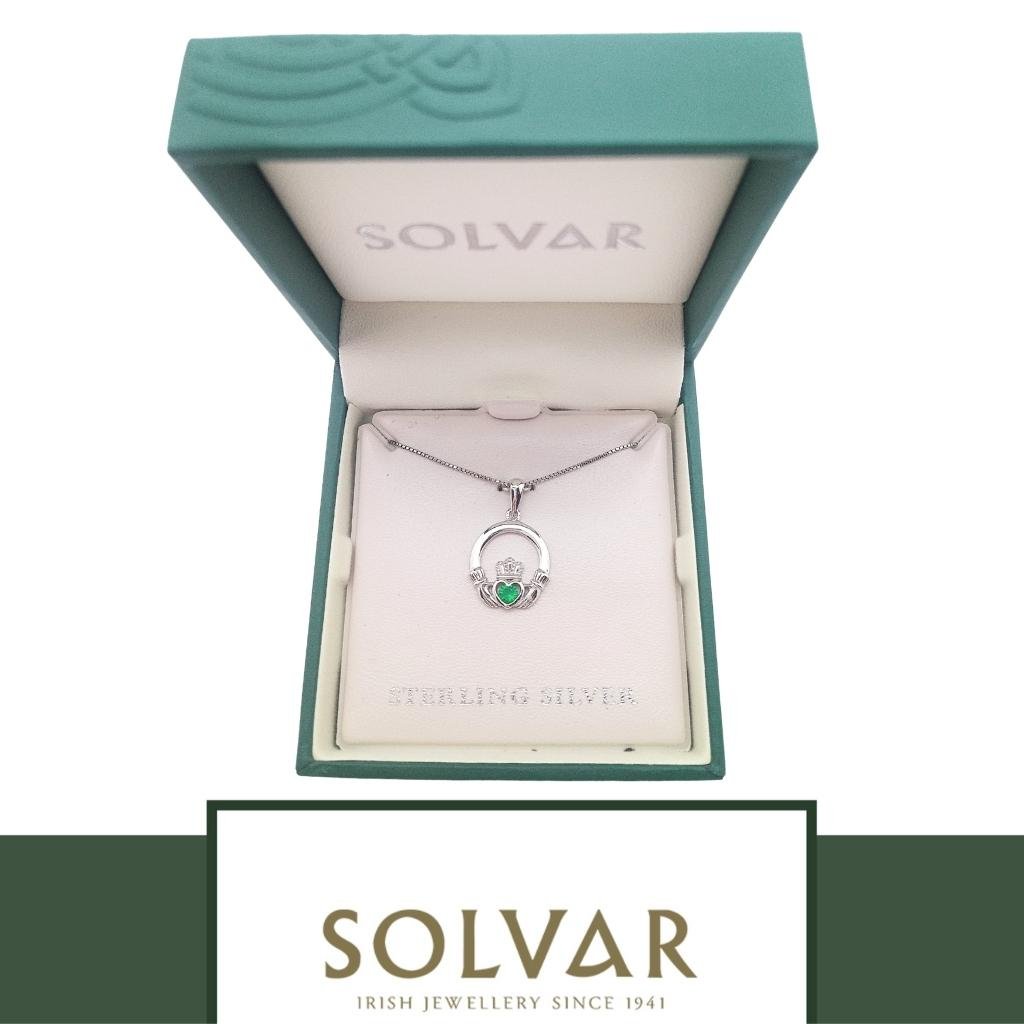 Sterling Silver Claddagh Necklace with Green Stone