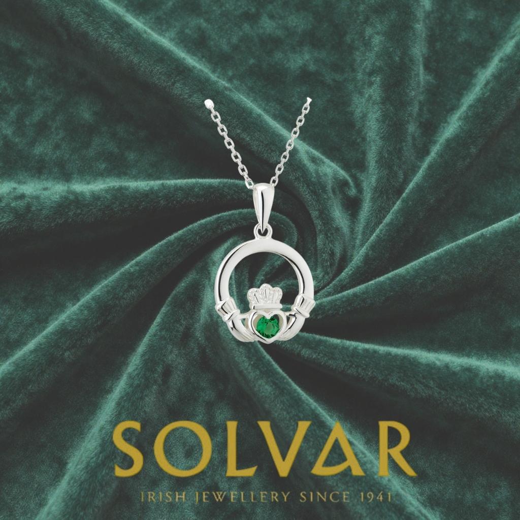 Sterling Silver Claddagh Necklace with Green Stone
