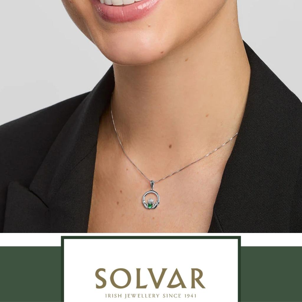 Sterling Silver Claddagh Necklace with Green Stone