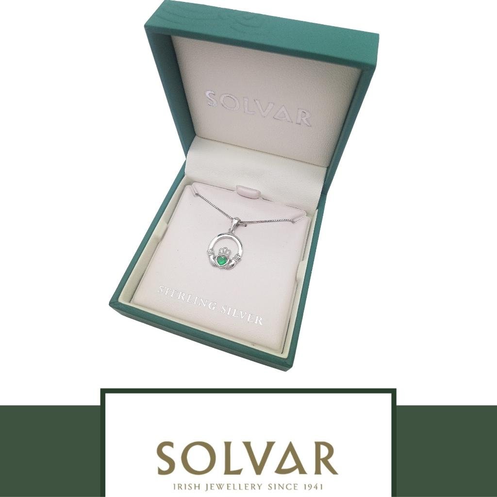 Sterling Silver Claddagh Necklace with Green Stone