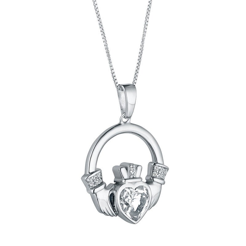 Sterling Silver Claddagh Necklace with Large CZ Heart - The Celtic Gift Store - Necklaces