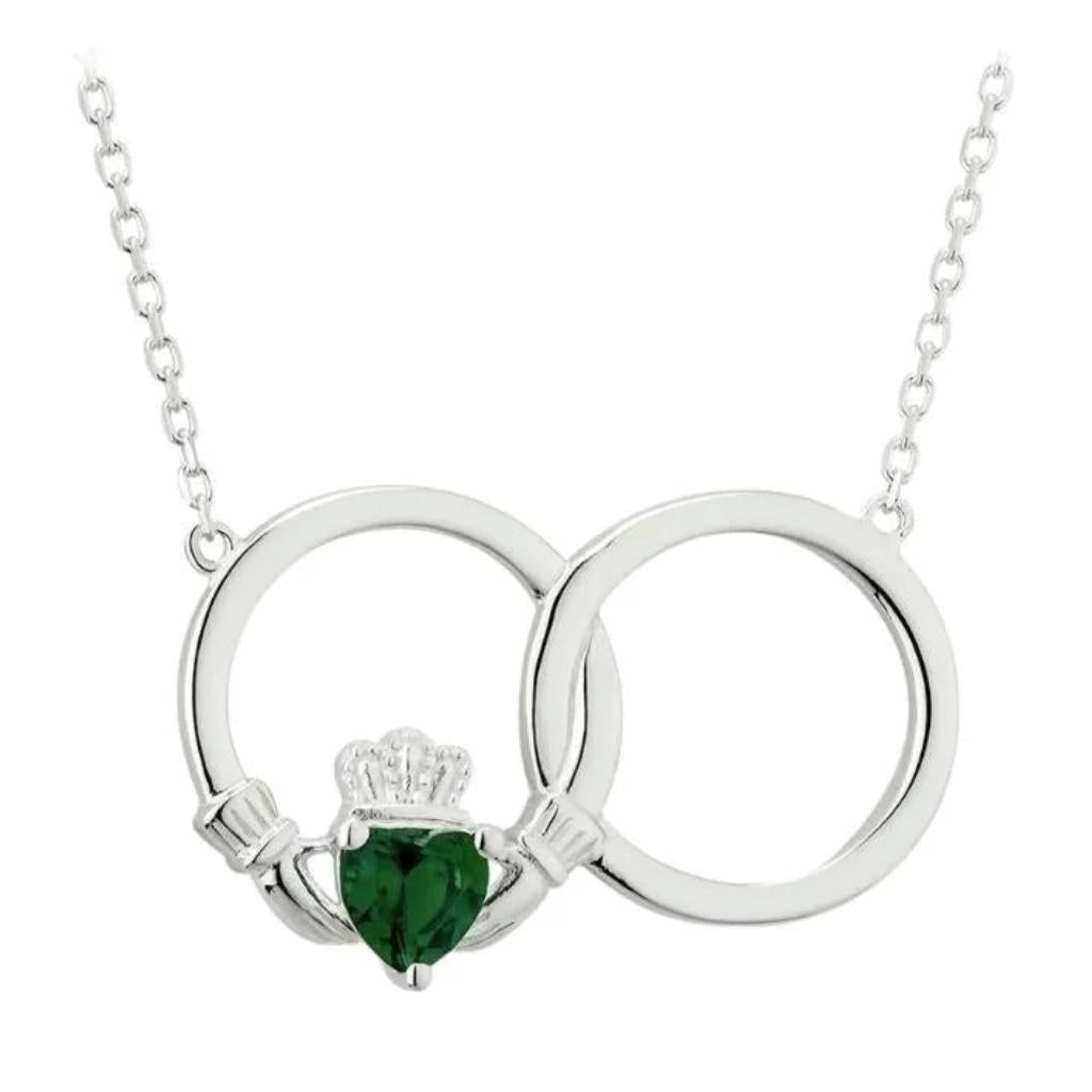 Sterling Silver Claddagh Necklet with Green Crystal