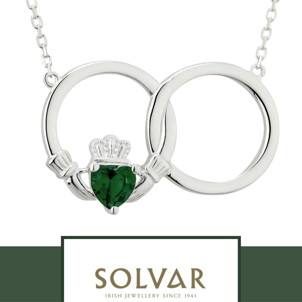 Sterling Silver Claddagh Necklet with Green Crystal