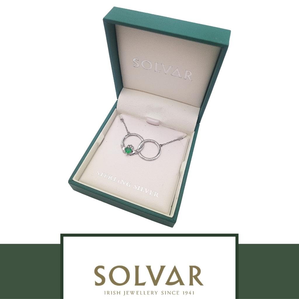 Sterling Silver Claddagh Necklet with Green Crystal