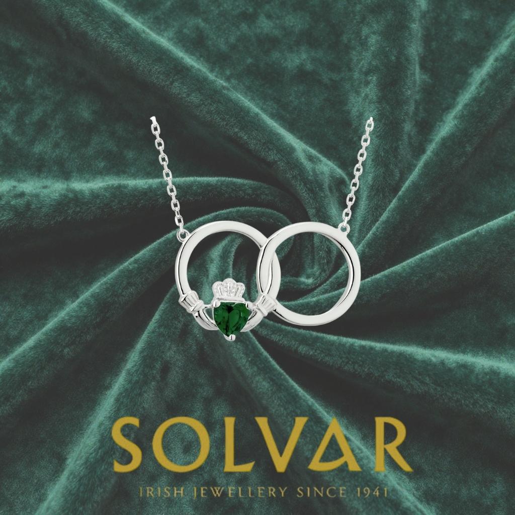 Sterling Silver Claddagh Necklet with Green Crystal