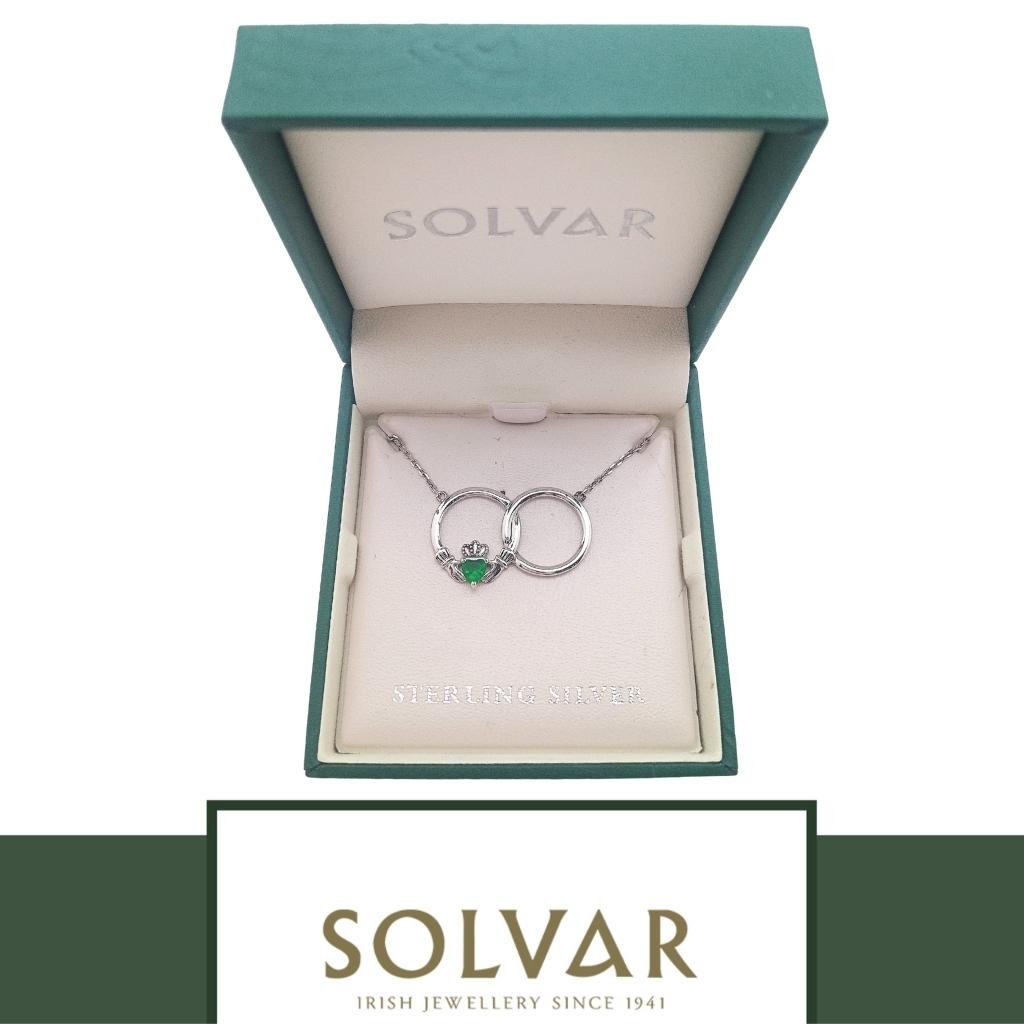 Sterling Silver Claddagh Necklet with Green Crystal
