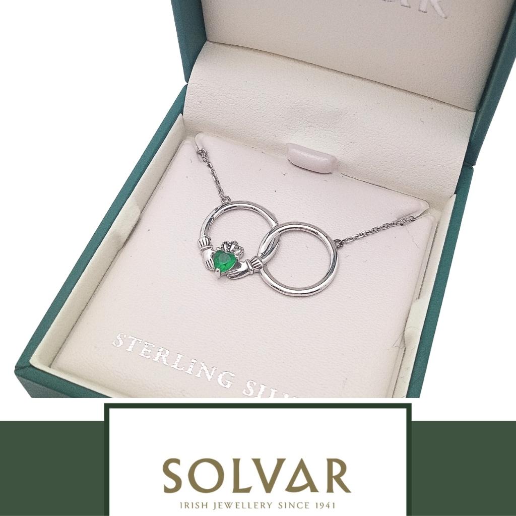 Sterling Silver Claddagh Necklet with Green Crystal