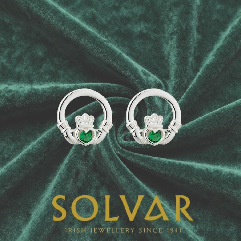 Sterling Silver Claddagh Stud Earrings with Green Crystals