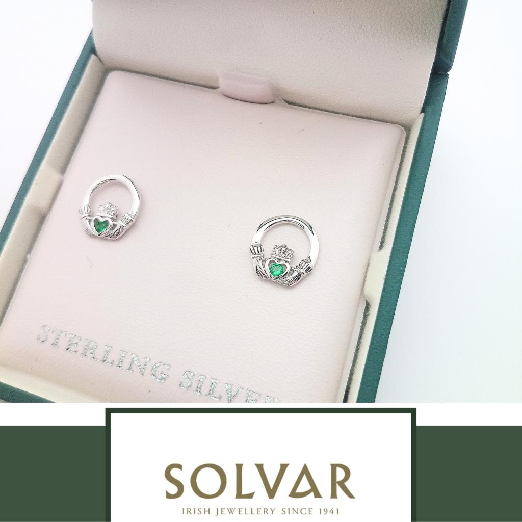 Sterling Silver Claddagh Stud Earrings with Green Crystals