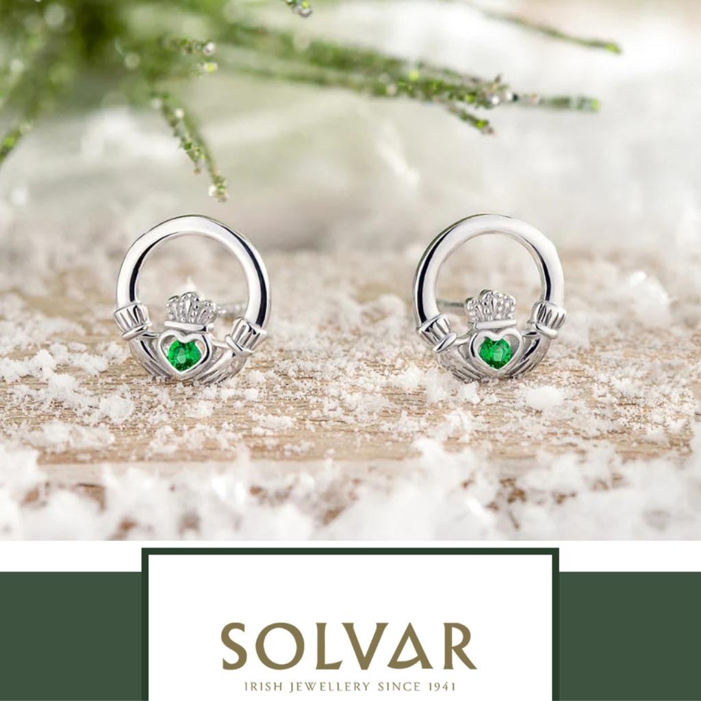 Sterling Silver Claddagh Stud Earrings with Green Crystals