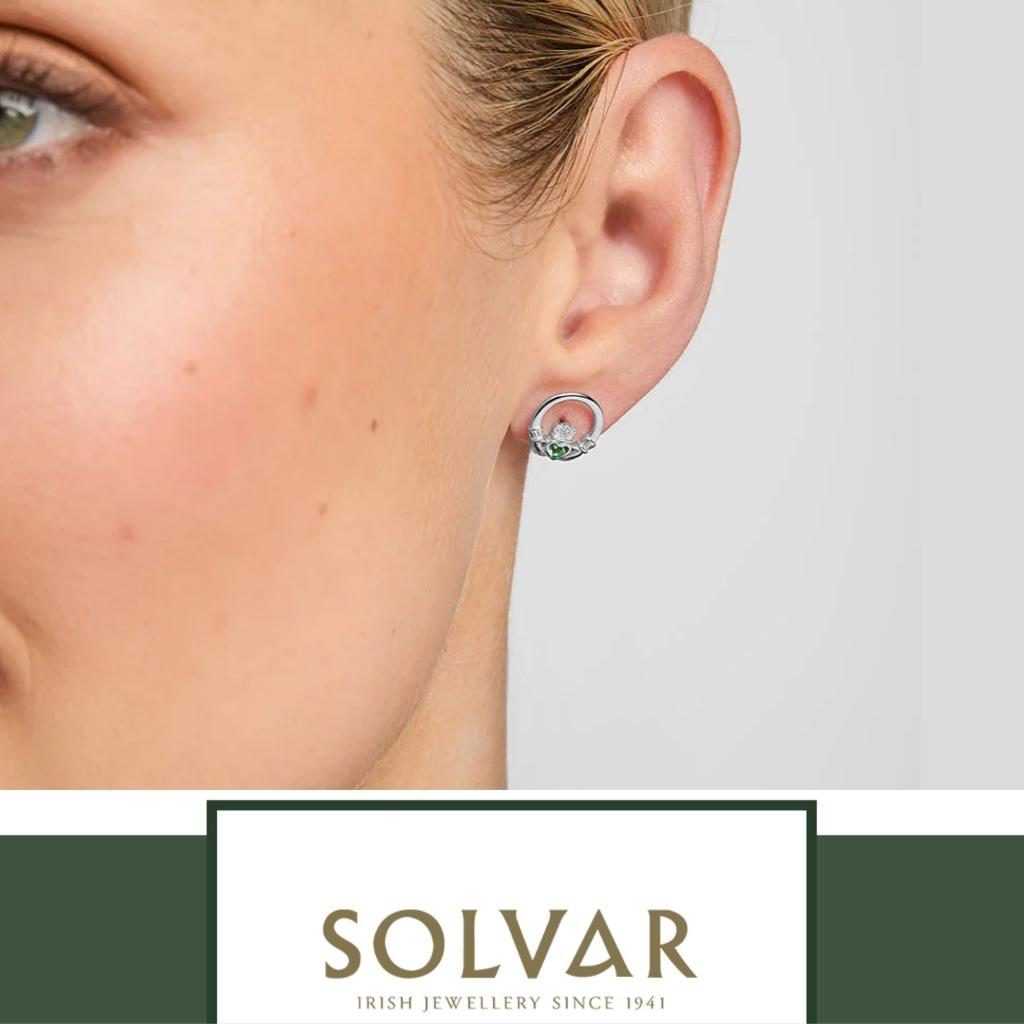 Sterling Silver Claddagh Stud Earrings with Green Crystals