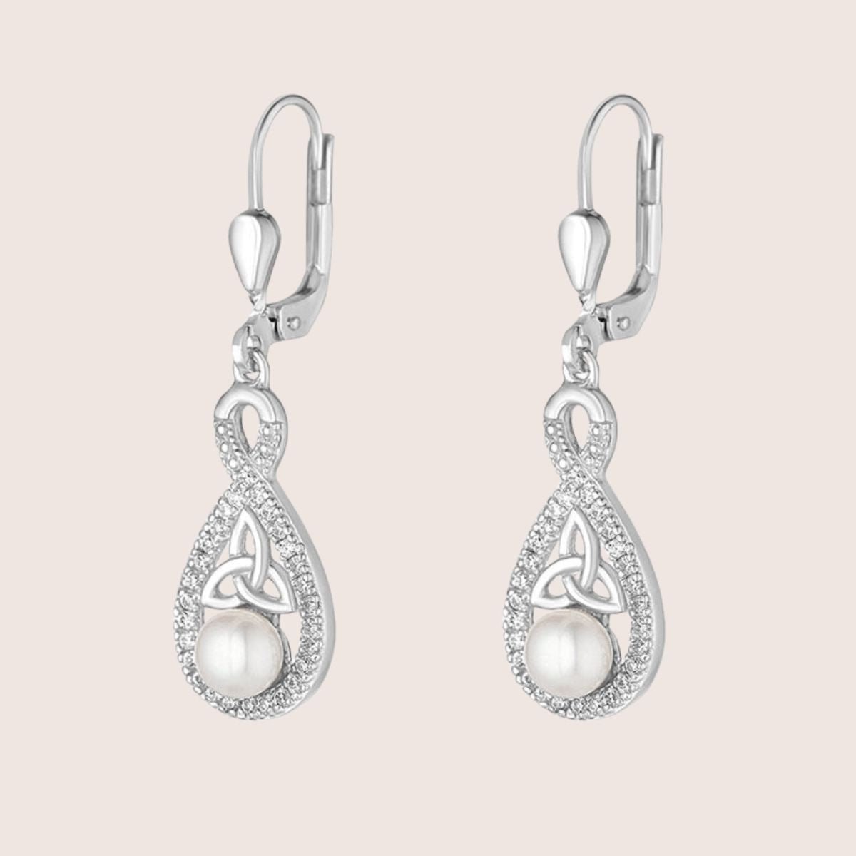 Sterling Silver Crystal & Pearl Twisted Trinity Knot Earrings