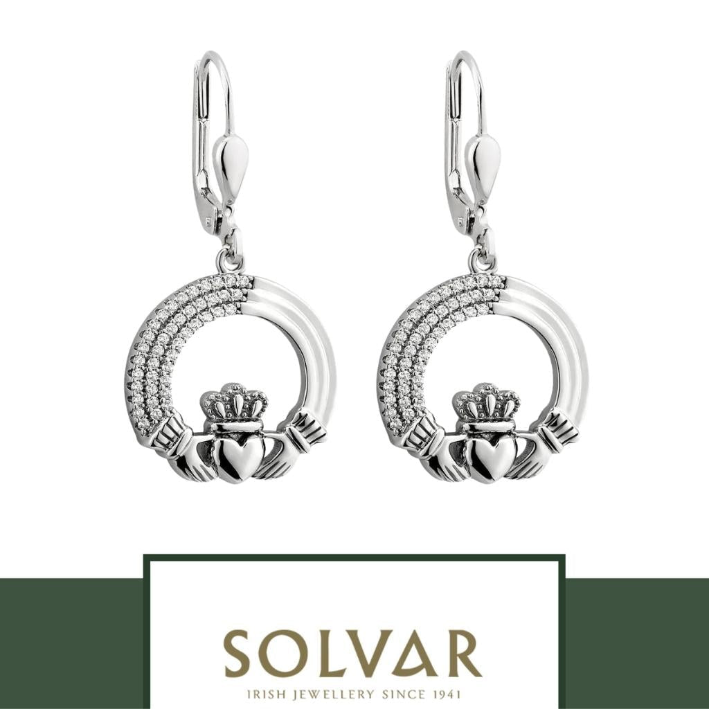 Sterling Silver Crystal Triple Line Claddagh Earrings
