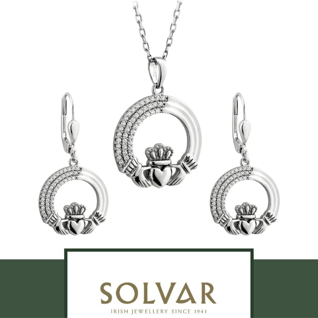 Sterling Silver Crystal Triple Line Claddagh Earrings