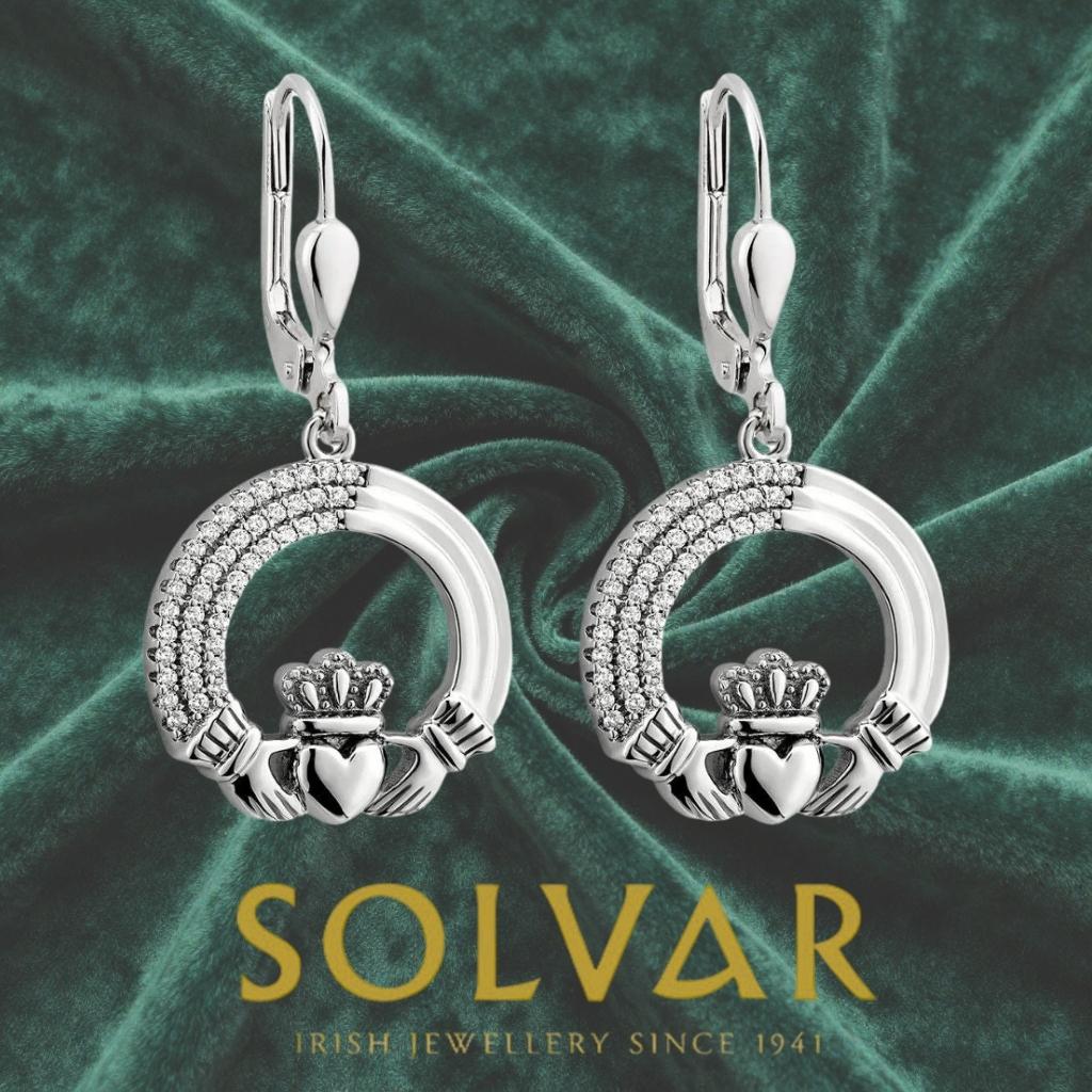 Sterling Silver Crystal Triple Line Claddagh Earrings