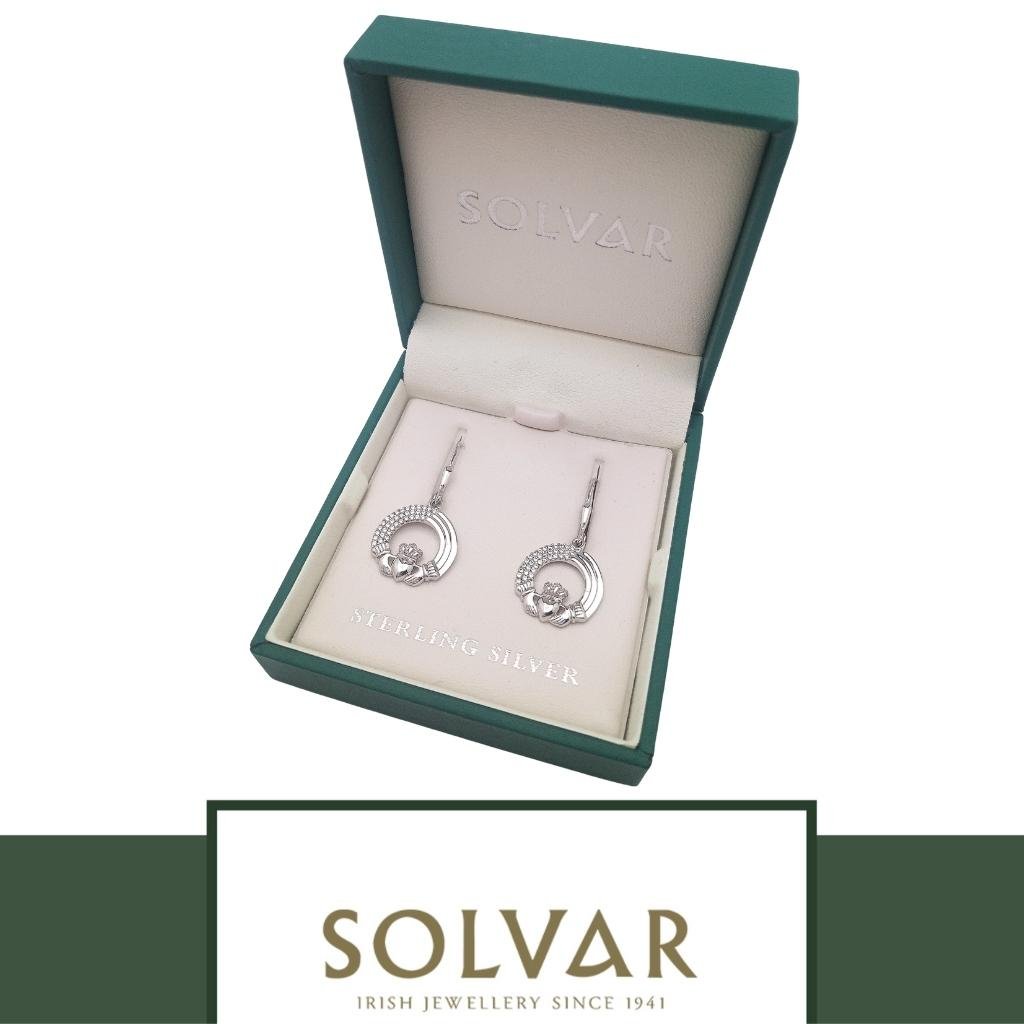 Sterling Silver Crystal Triple Line Claddagh Earrings