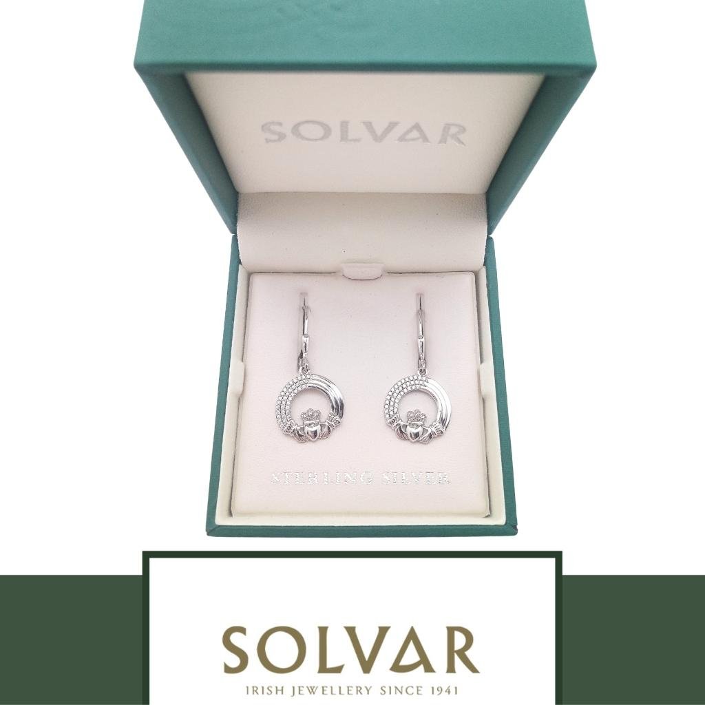 Sterling Silver Crystal Triple Line Claddagh Earrings