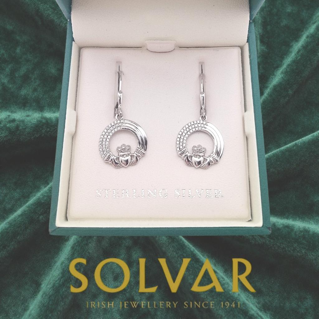 Sterling Silver Crystal Triple Line Claddagh Earrings
