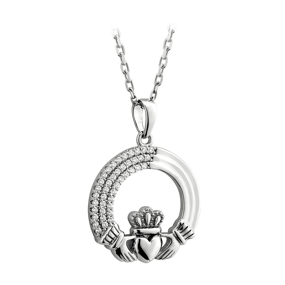 Sterling Silver Crystal Triple Line Claddagh Necklace - The Celtic Gift Store - Necklaces