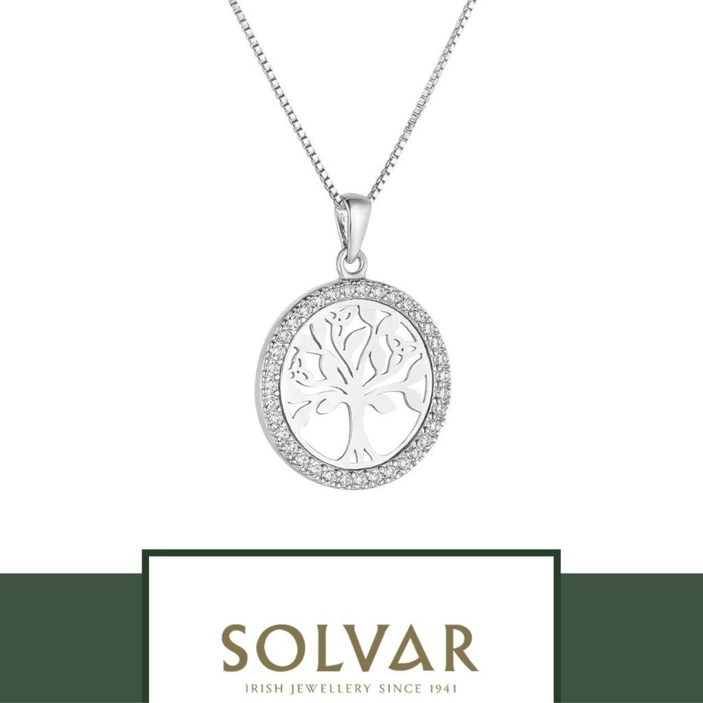 Sterling Silver CZ Round Tree Of Life Necklace