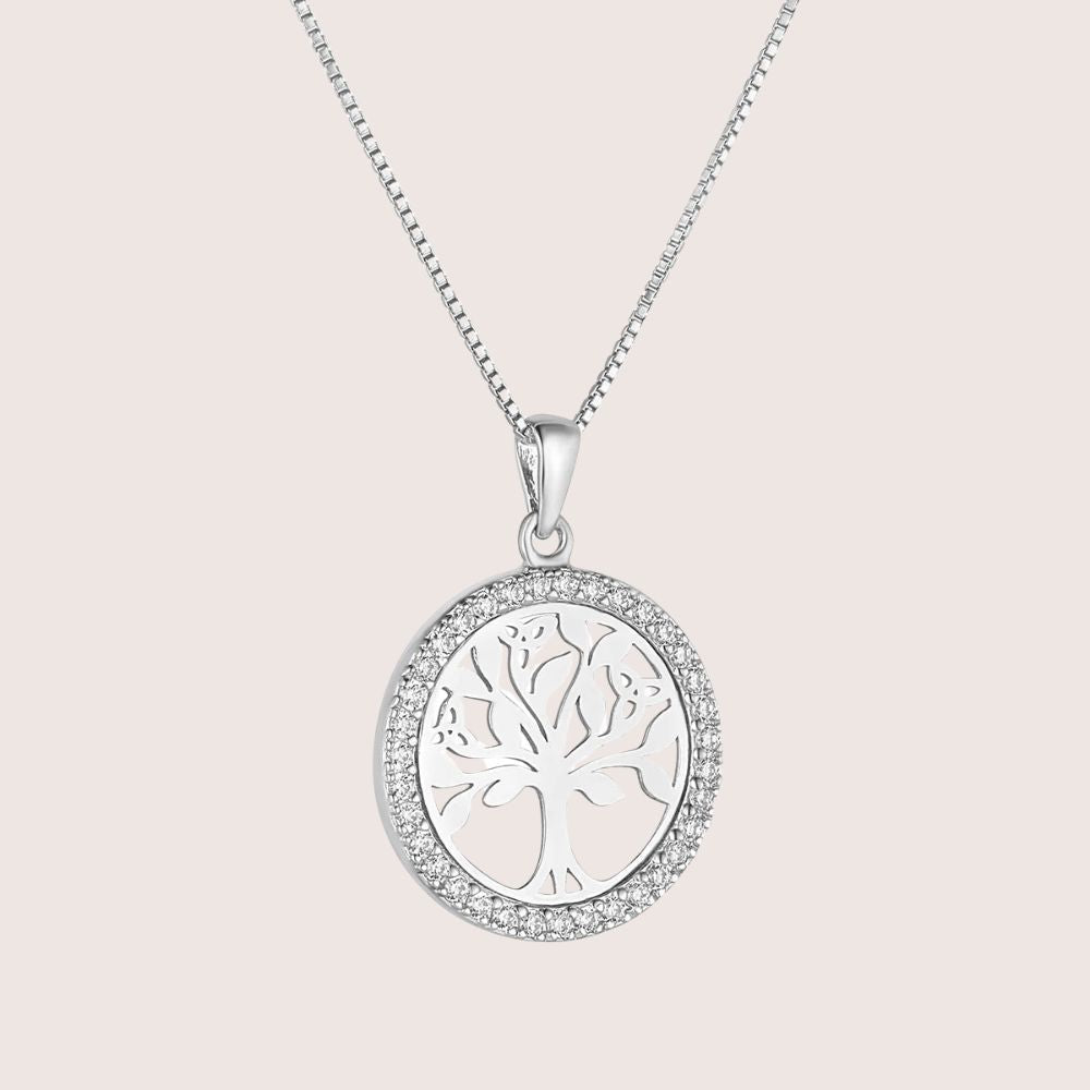 Sterling Silver CZ Round Tree Of Life Necklace
