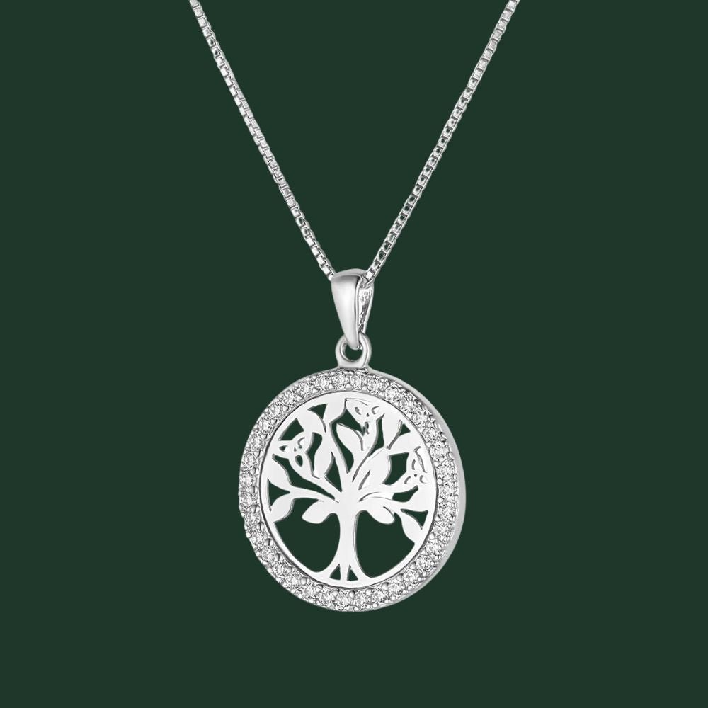 Sterling Silver CZ Round Tree Of Life Necklace
