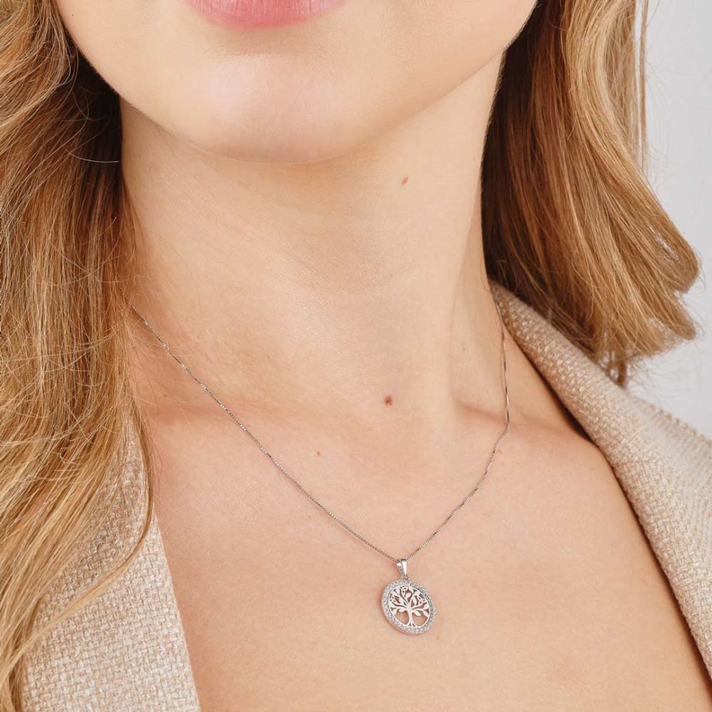 Sterling Silver CZ Round Tree Of Life Necklace
