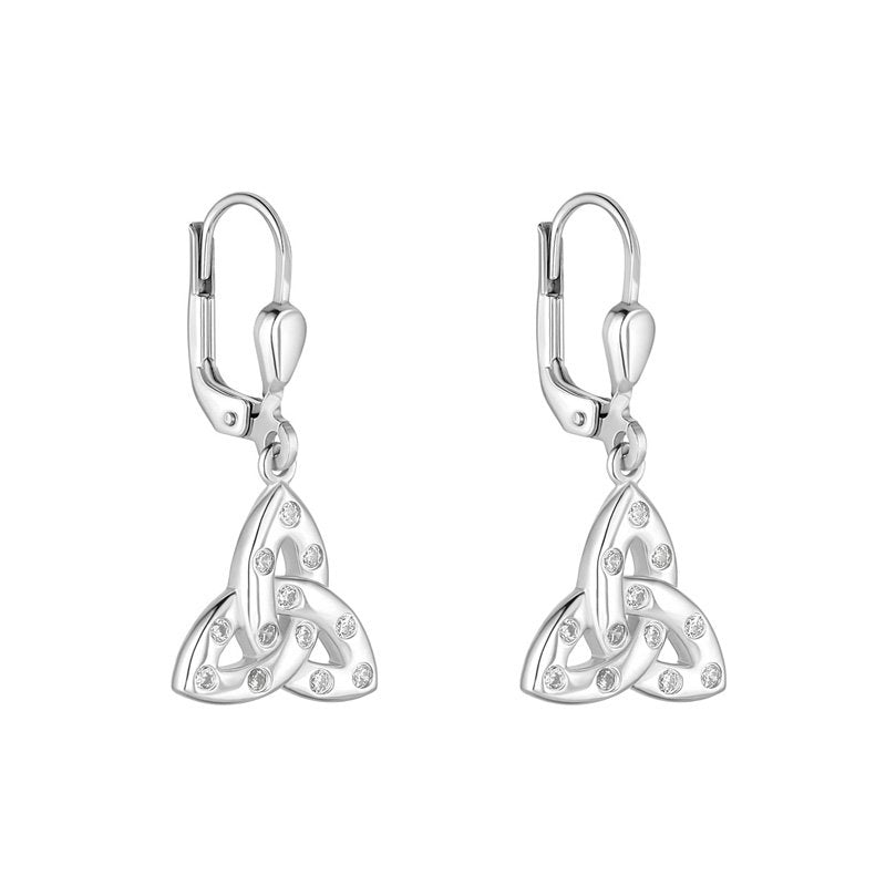 Sterling Silver Flush Set CZ Trinity Knot Drop Earrings - The Celtic Gift Store - Earrings