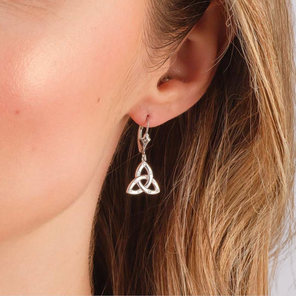 Sterling Silver Flush Set CZ Trinity Knot Drop Earrings