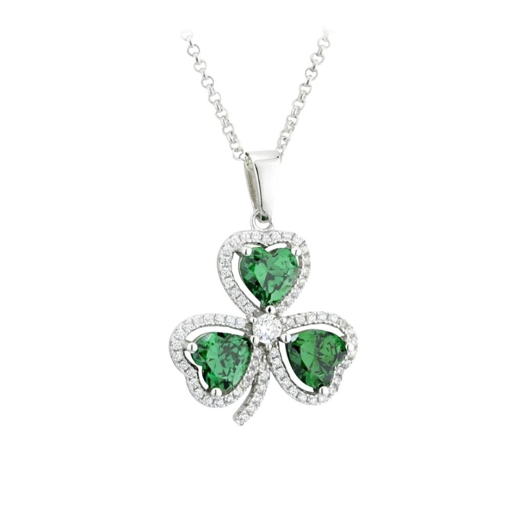 Sterling Silver Green and White Cubic Zirconia Shamrock Necklace