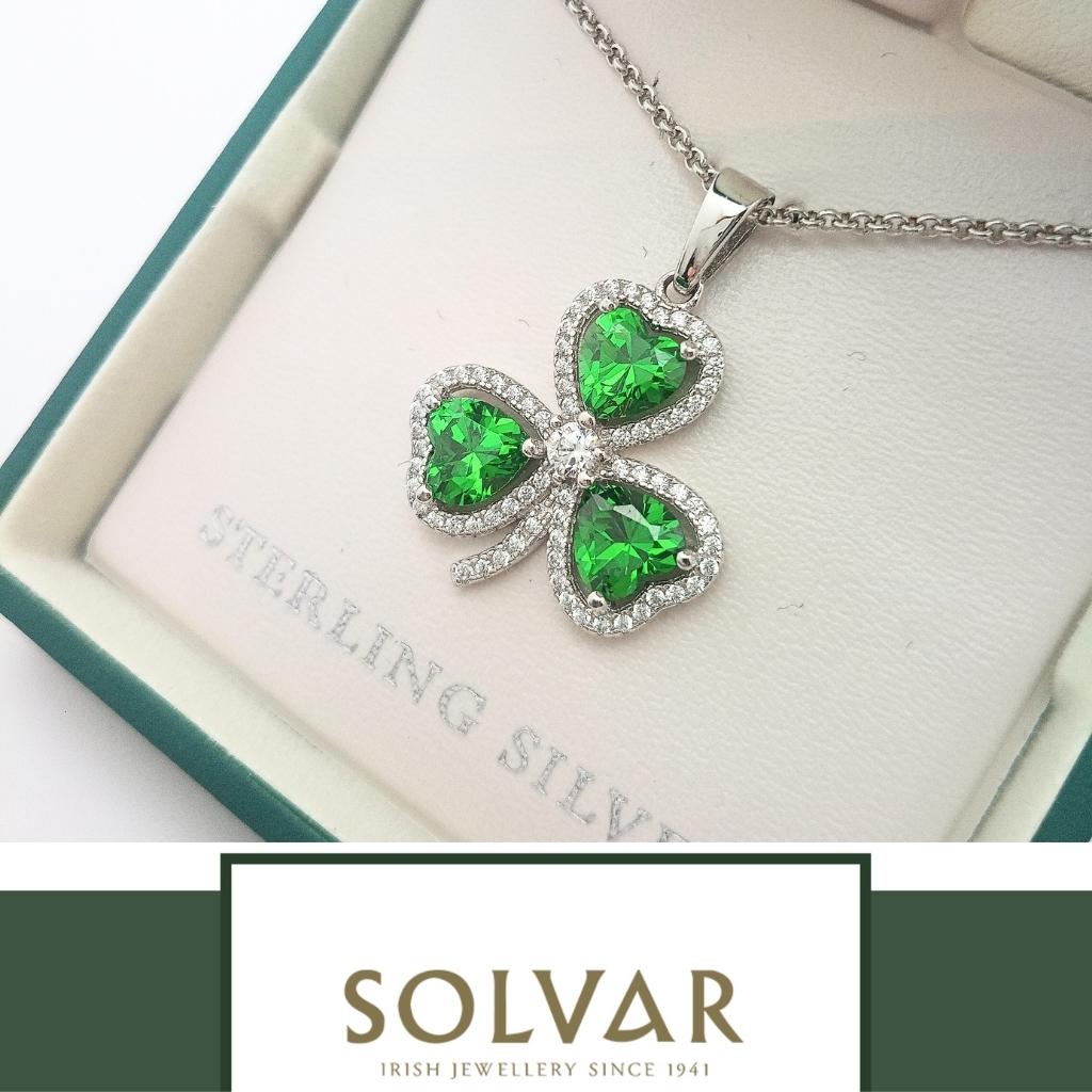 Sterling Silver Green and White Cubic Zirconia Shamrock Necklace