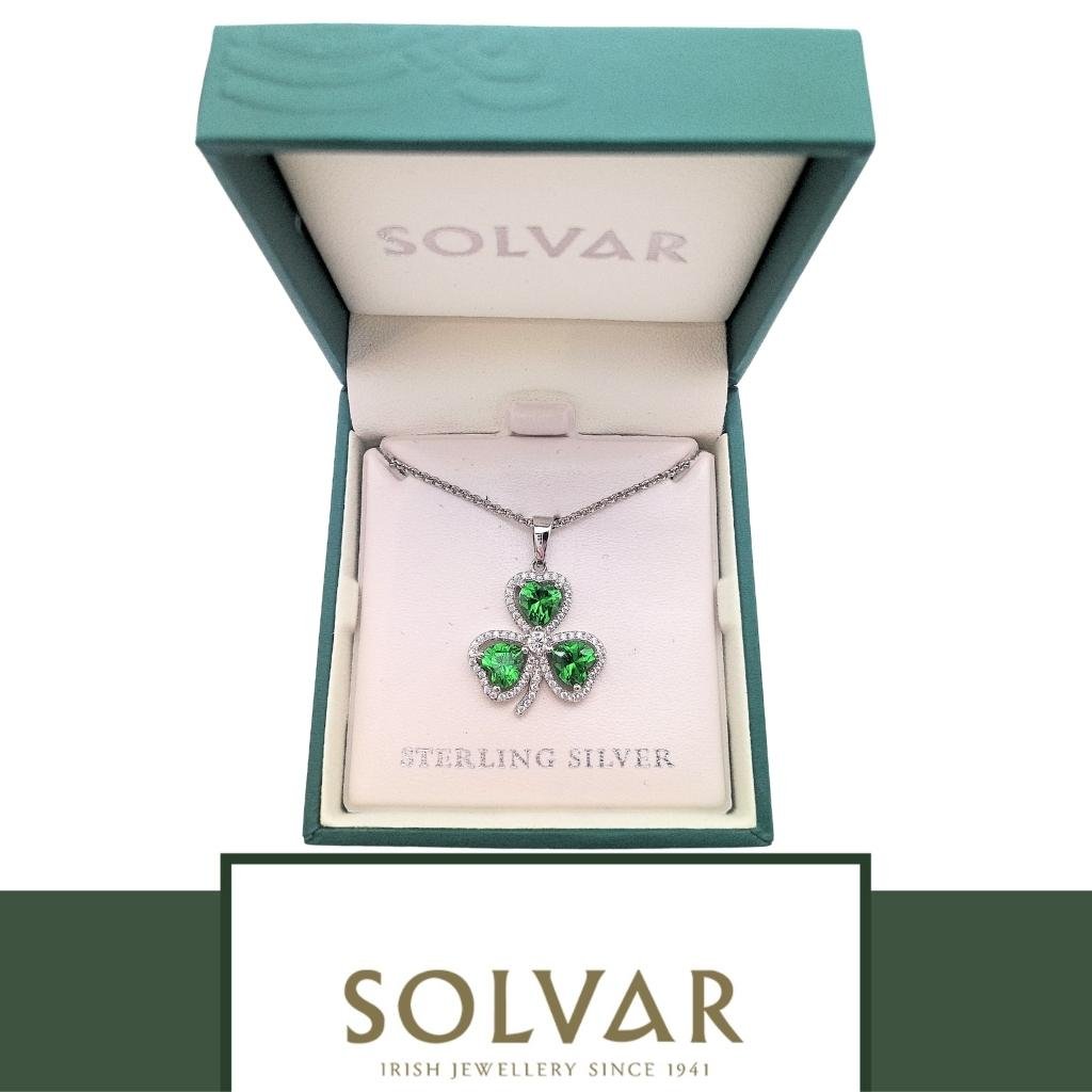 Sterling Silver Green and White Cubic Zirconia Shamrock Necklace
