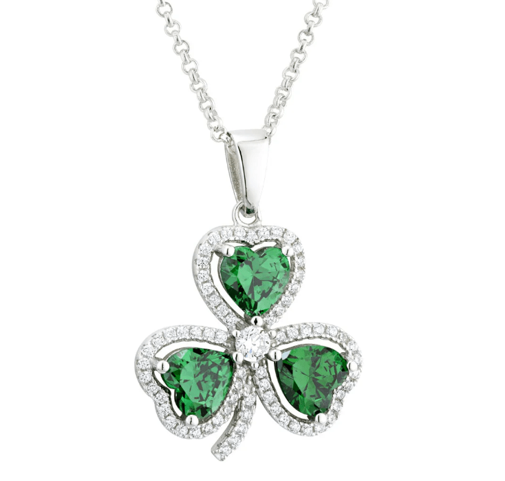 Sterling Silver Green and White Cubic Zirconia Shamrock Necklace - The Celtic Gift Store - Necklaces