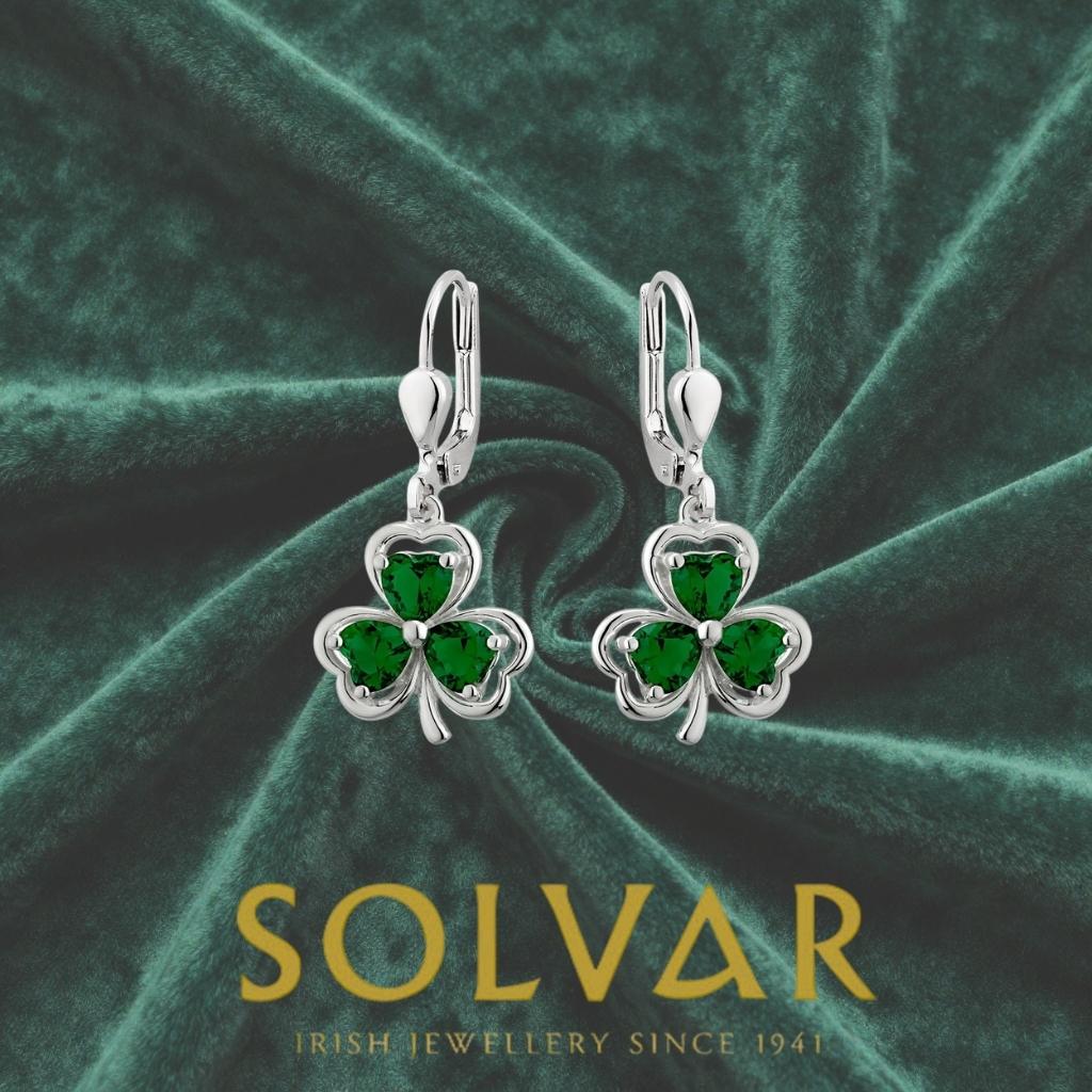 Sterling Silver Green Crystal Shamrock Drop Earrings