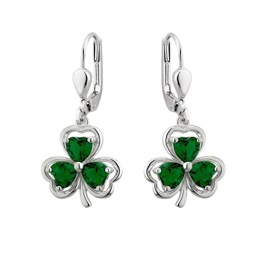 Sterling Silver Green Crystal Shamrock Drop Earrings