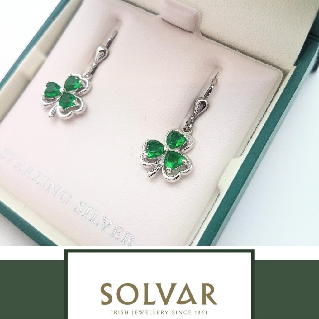 Sterling Silver Green Crystal Shamrock Drop Earrings