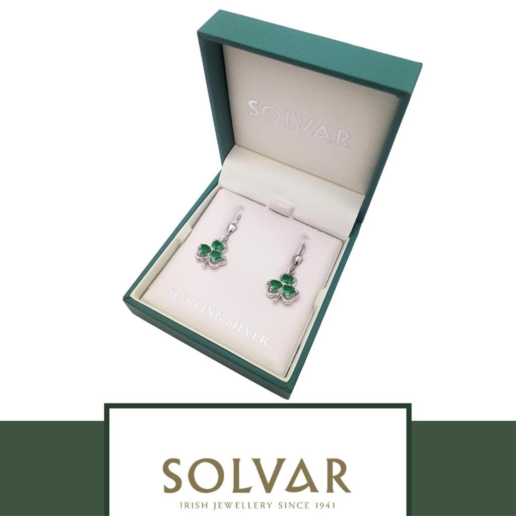 Sterling Silver Green Crystal Shamrock Drop Earrings